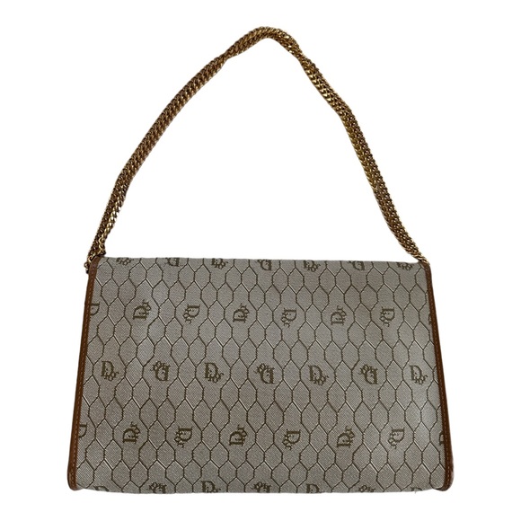 CHRISTIAN DIOR Vintage Honeycomb Canvas Shoulder Bag with Chain Beige - Picture 2 of 16